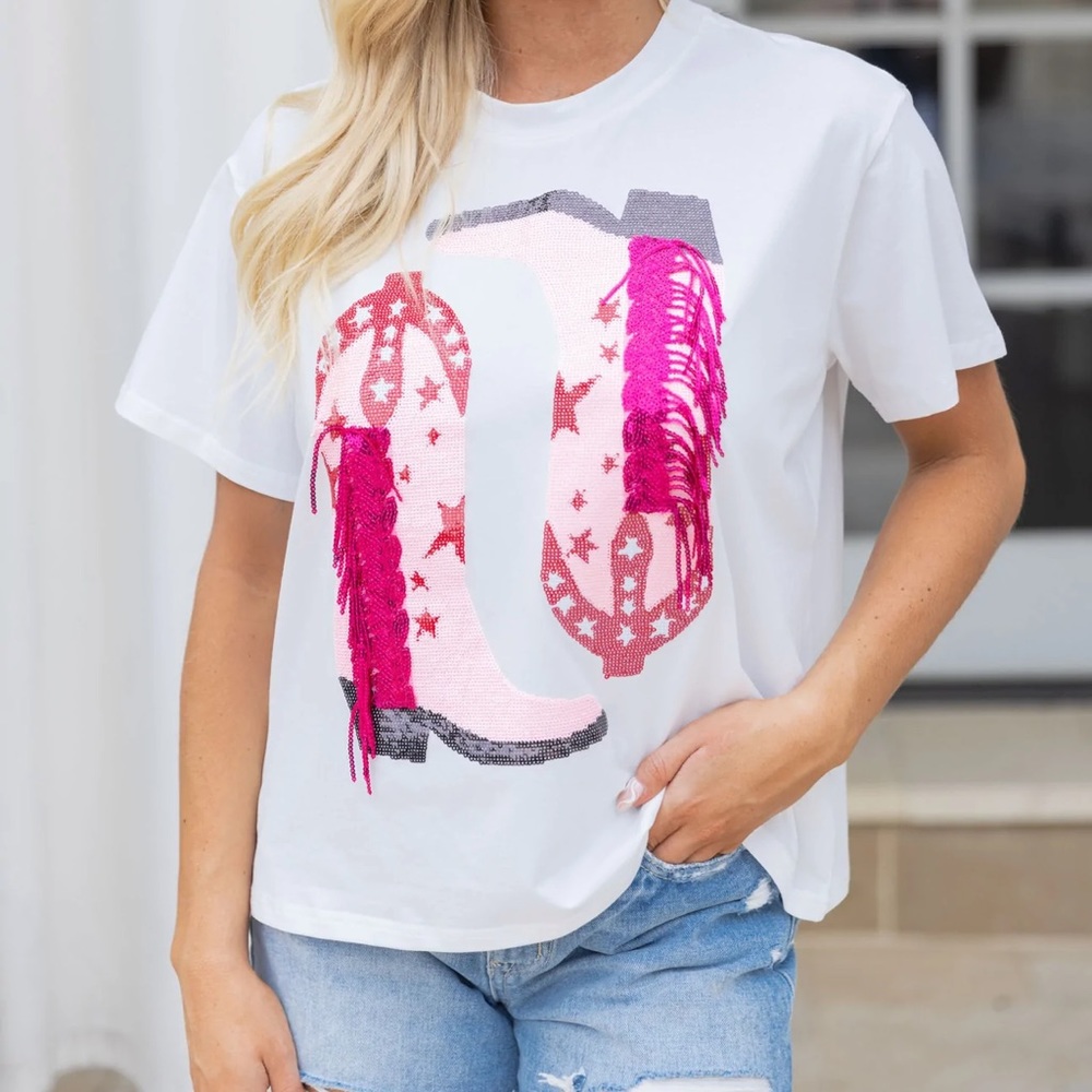 Queen of Sparkles Pink Fringe Boots Tee — XS